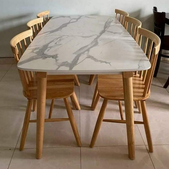 Bộ bàn ăn mặt giả vân đá + 6 ghế Song Tiện