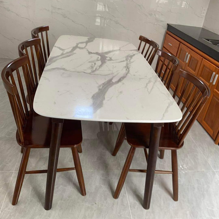 Bộ bàn ăn mặt giả vân đá + 6 ghế Song Tiện