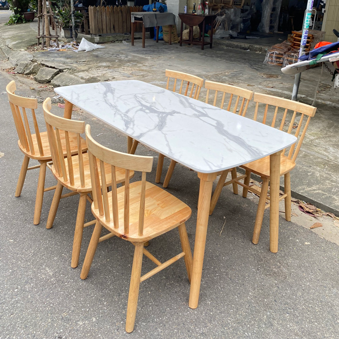 Bộ bàn ăn mặt giả vân đá + 6 ghế Song Tiện
