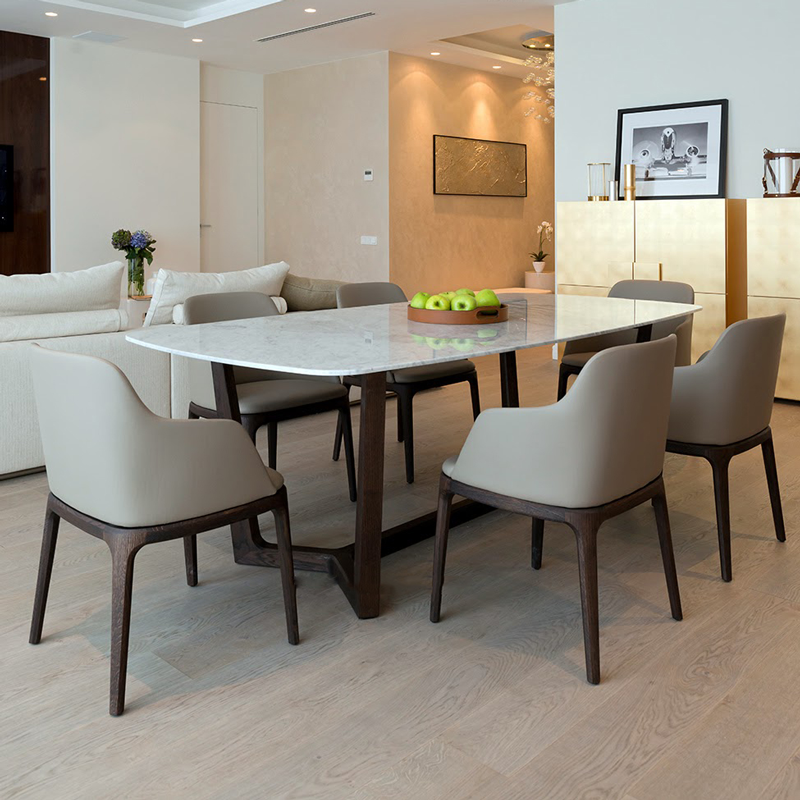 Bộ bàn ăn Concorde mặt đá + 6 ghế Grace có tay