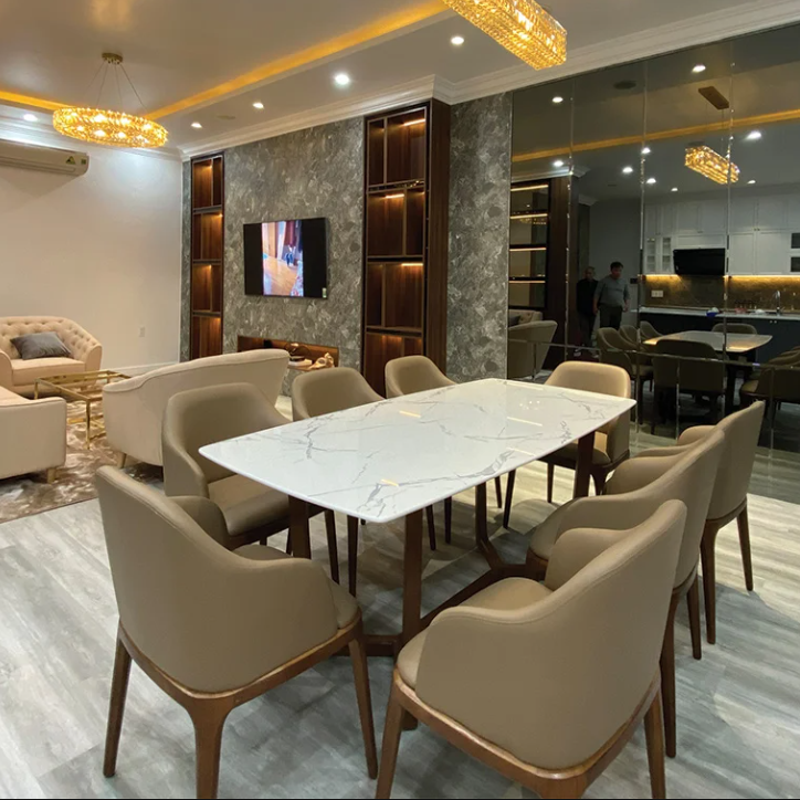Bộ bàn ăn Concorde mặt đá + 6 ghế Grace có tay
