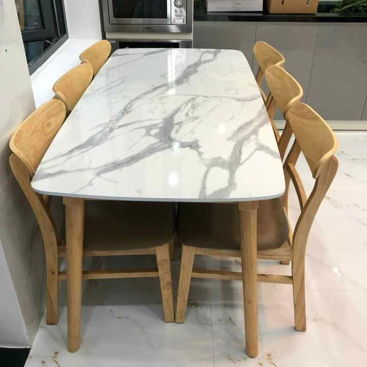 Bộ bàn ăn mặt giả vân đá + 6 ghế Mango