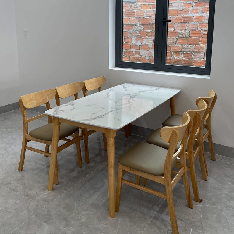 Bộ bàn ăn mặt giả vân đá + 6 ghế Mango
