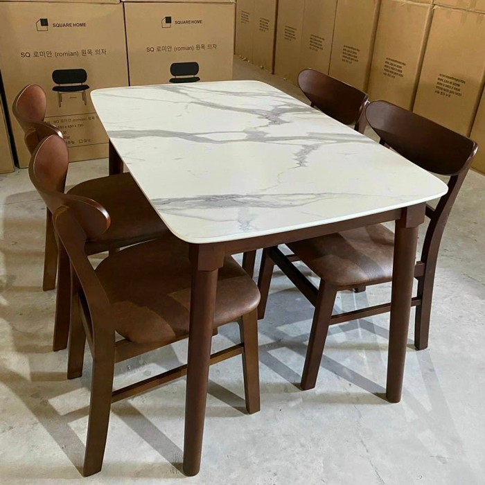 Bộ bàn ăn mặt giả vân đá + 4 ghế Mango