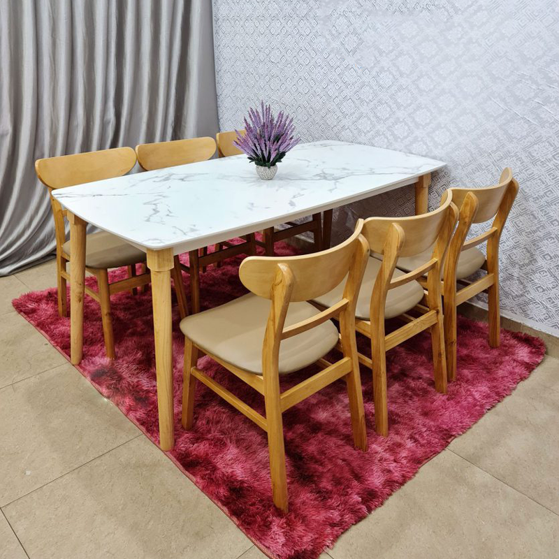 Bộ bàn ăn mặt giả vân đá + 6 ghế Mango