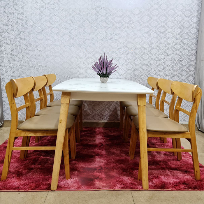 Bộ bàn ăn mặt giả vân đá + 6 ghế Mango