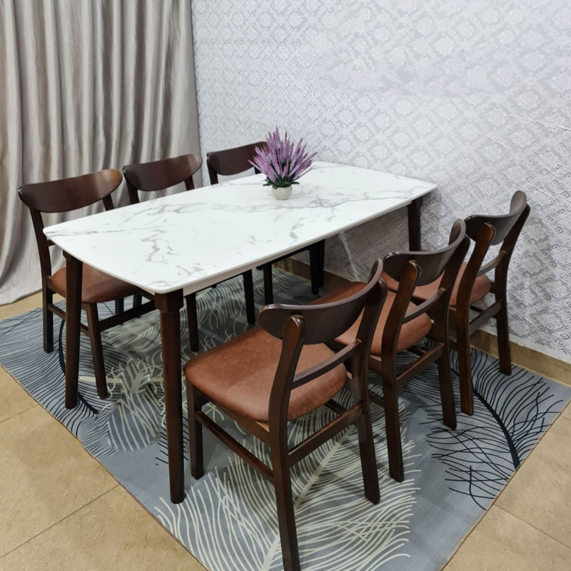 Bộ bàn ăn mặt giả vân đá + 6 ghế Mango