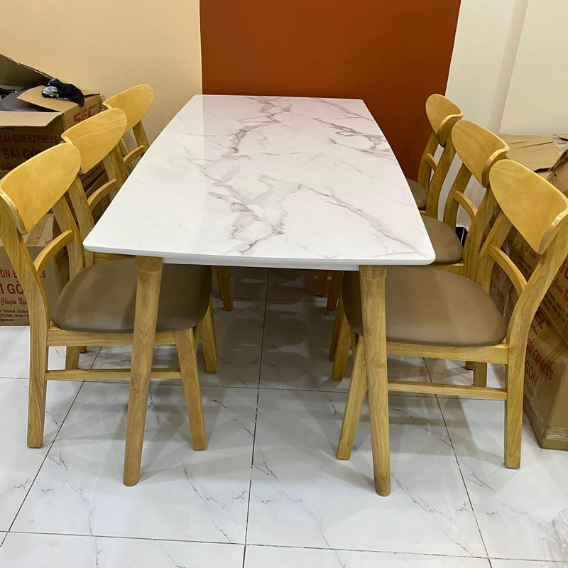 Bộ bàn ăn mặt giả vân đá + 6 ghế Mango