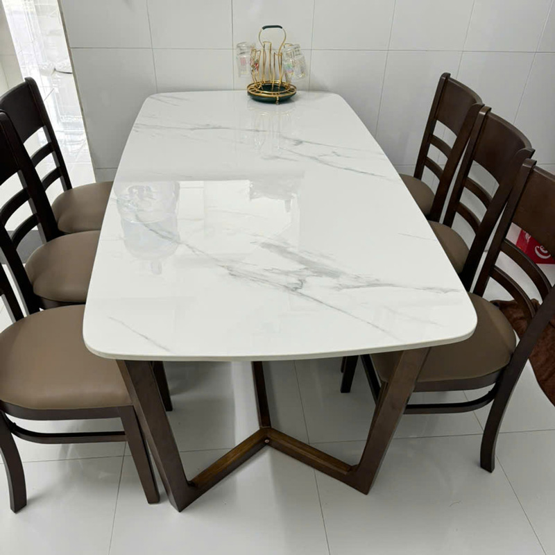 Bàn ăn Concorde mặt đá ceramic trắng vân mây