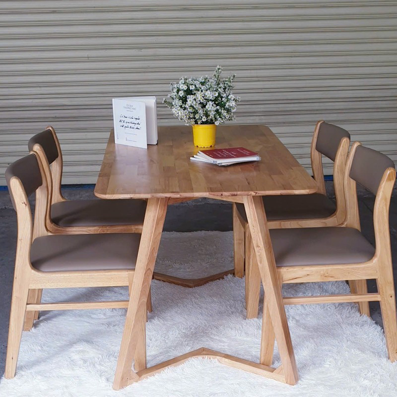 Bộ bàn ăn chân chữ V 1m2 + 4 ghế Bella