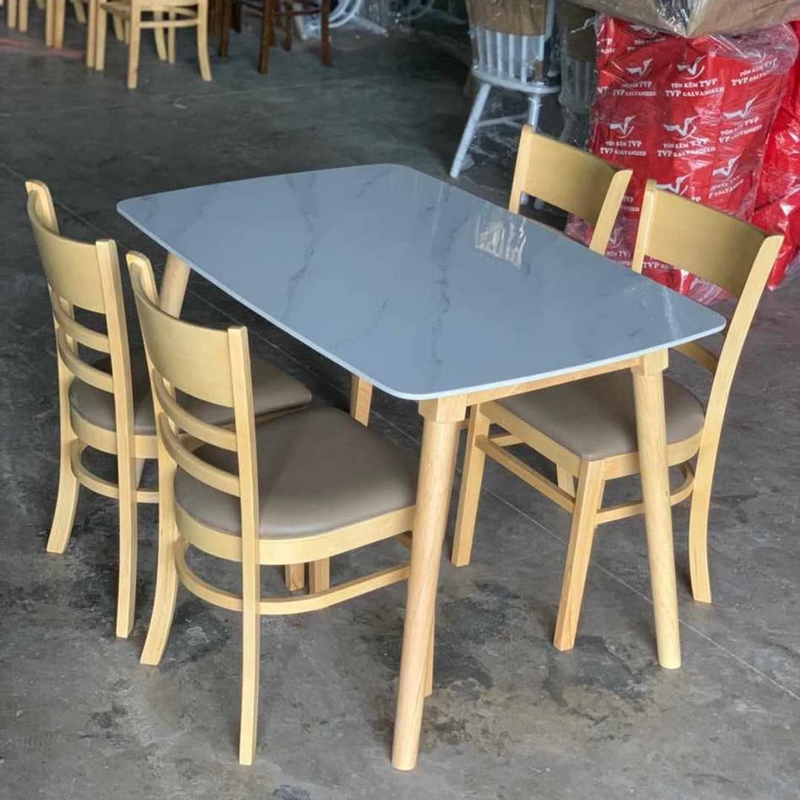 Bộ bàn ăn mặt đá trắng + 6 Ghế Cabin