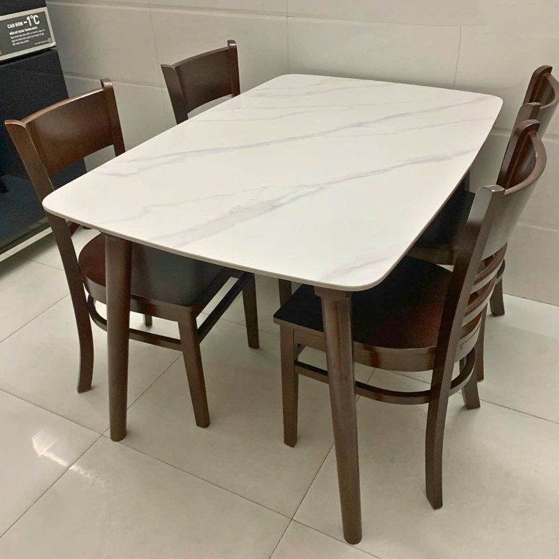 Bàn ăn mặt đá ceramic trắng vân mây