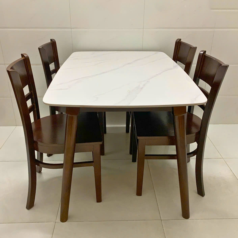 Bộ bàn ăn mặt đá trắng + 4 Ghế Cabin