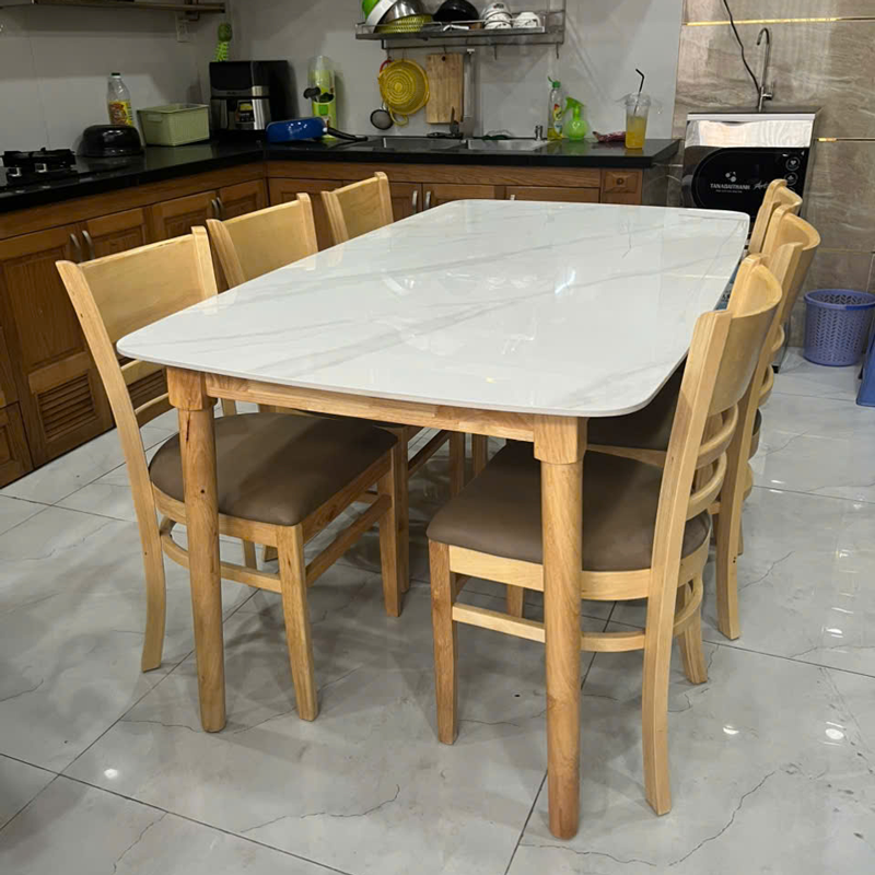 Bộ bàn ăn mặt đá trắng + 6 Ghế Cabin