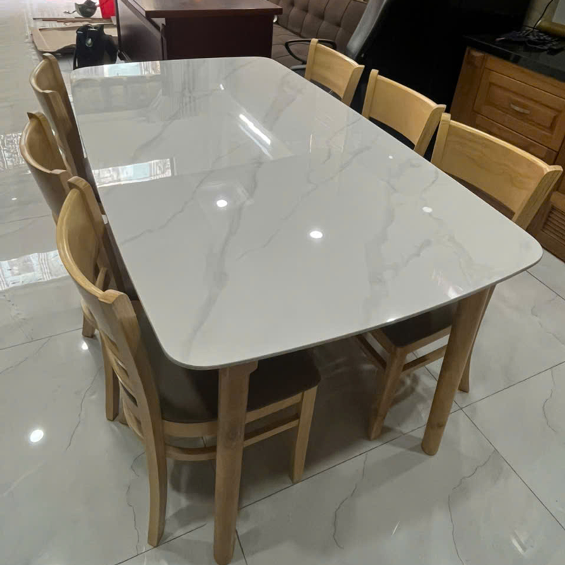 Bộ bàn ăn mặt đá trắng + 6 Ghế Cabin