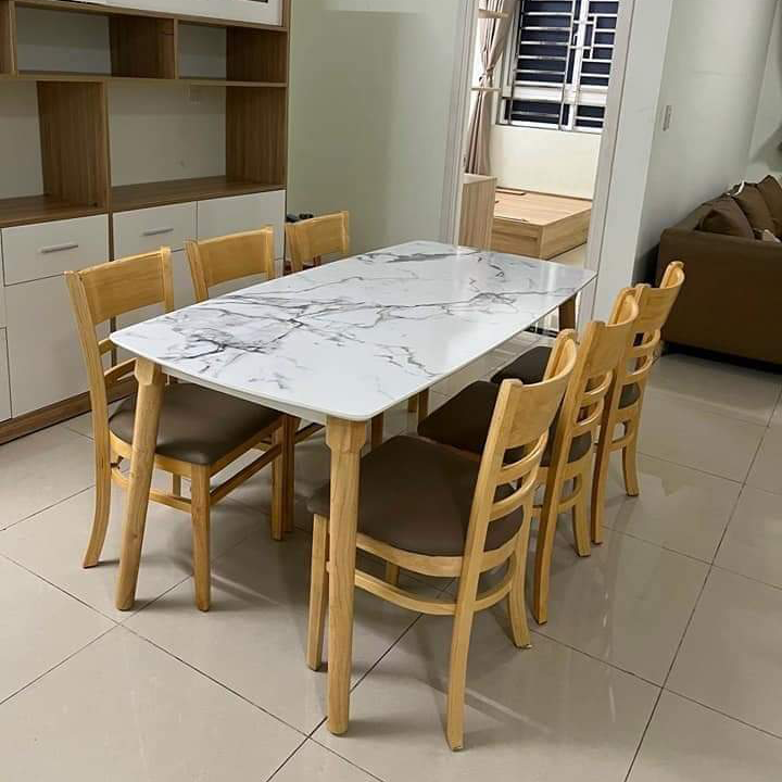 Bộ bàn ăn mặt giả vân đá + 6 ghế Cabin