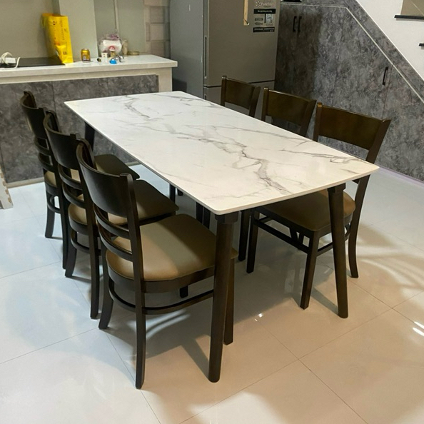 Bộ bàn ăn mặt giả vân đá + 6 ghế Cabin
