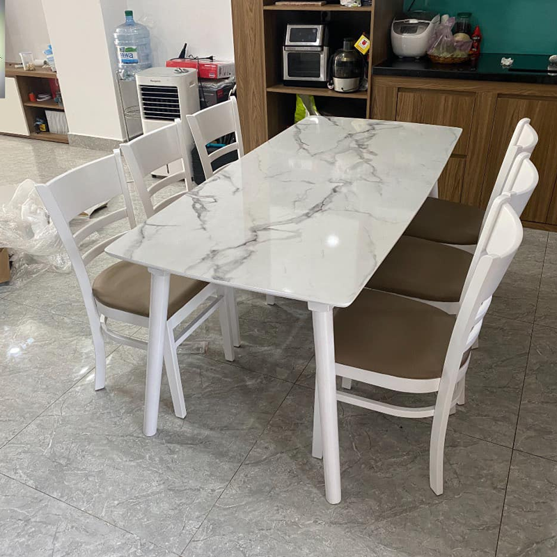 Bộ bàn ăn mặt giả vân đá + 6 ghế Cabin