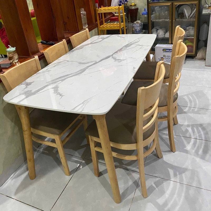 Bộ bàn ăn mặt giả vân đá + 6 ghế Cabin