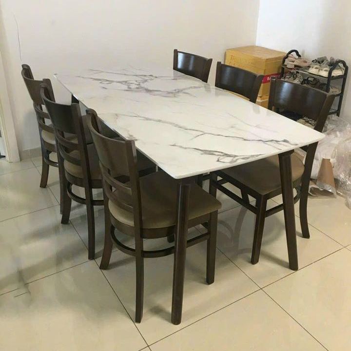 Bộ bàn ăn mặt giả vân đá + 6 ghế Cabin