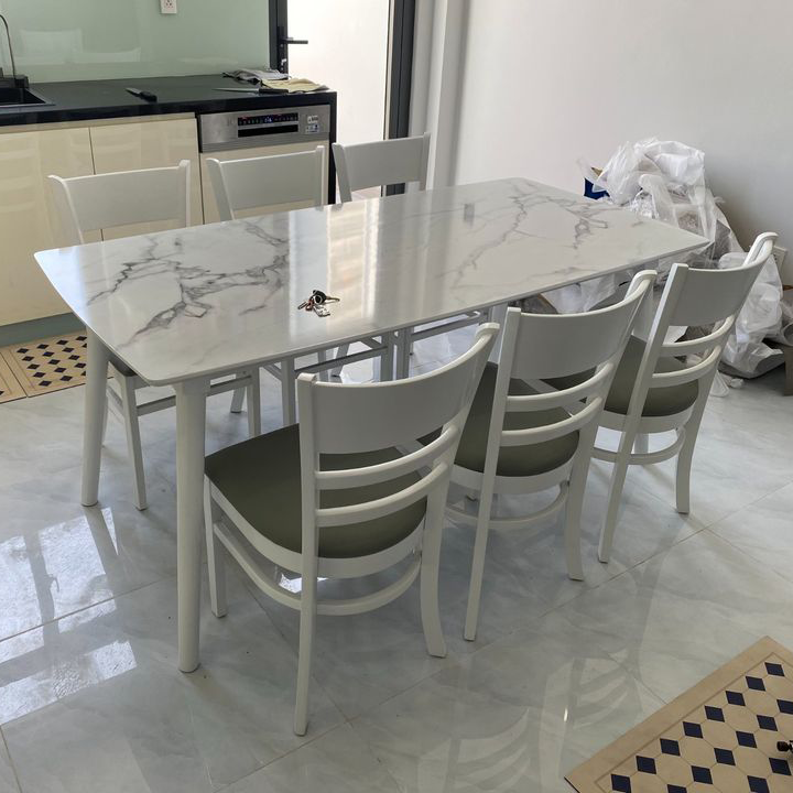 Bộ bàn ăn mặt giả vân đá + 6 ghế Cabin