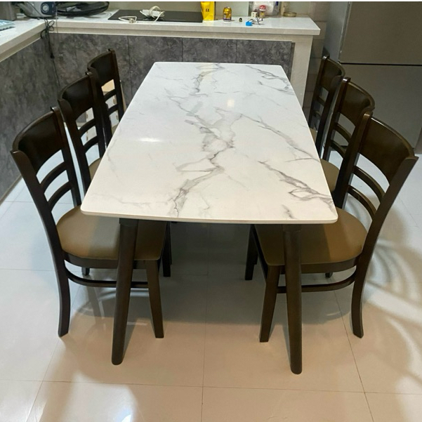 Bộ bàn ăn mặt giả vân đá + 6 ghế Cabin