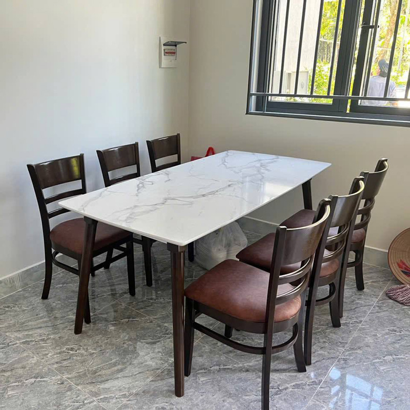 Bộ bàn ăn mặt giả vân đá + 6 ghế Cabin