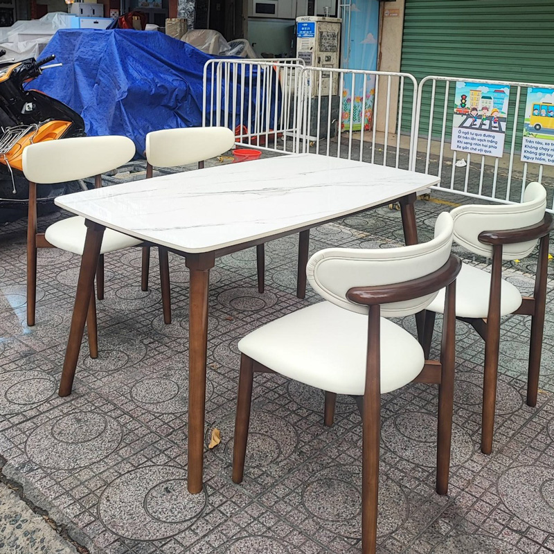 Bàn ăn mặt đá ceramic trắng vân mây