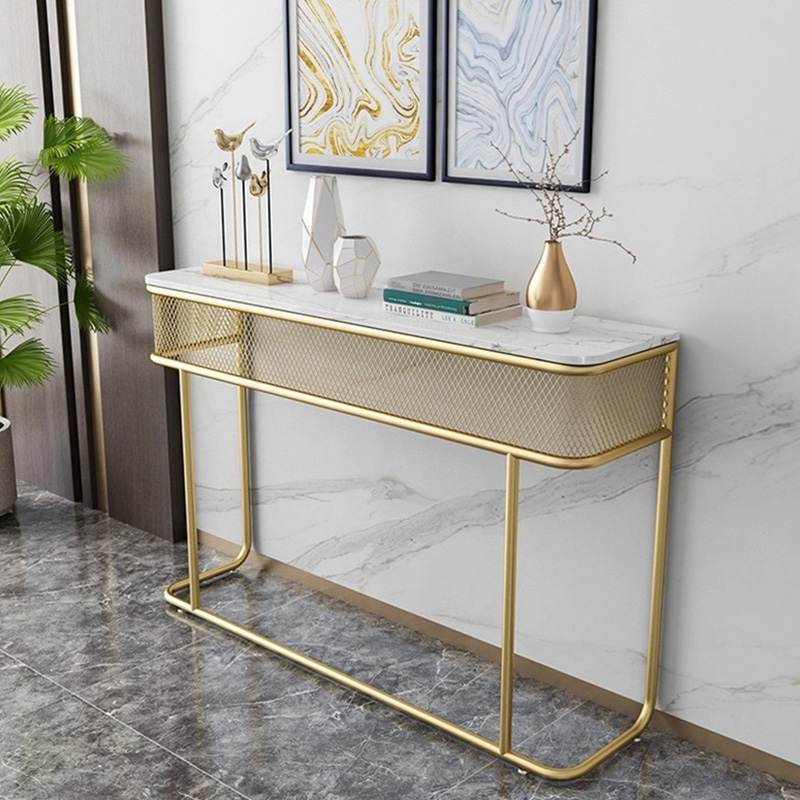 Bàn Console mặt đá, khung sắt lưới