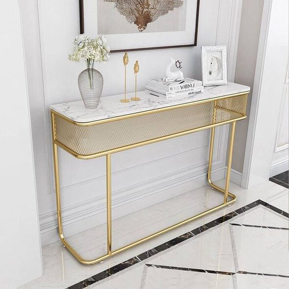 Bàn Console mặt đá, khung sắt lưới