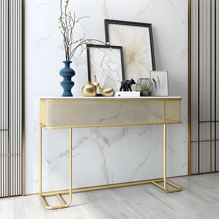 Bàn Console mặt đá, khung sắt lưới