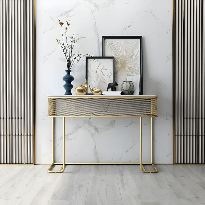 Bàn Console mặt đá, khung sắt lưới