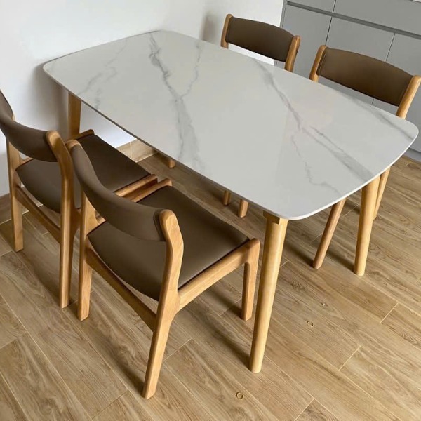 Bàn ăn mặt đá ceramic trắng vân mây