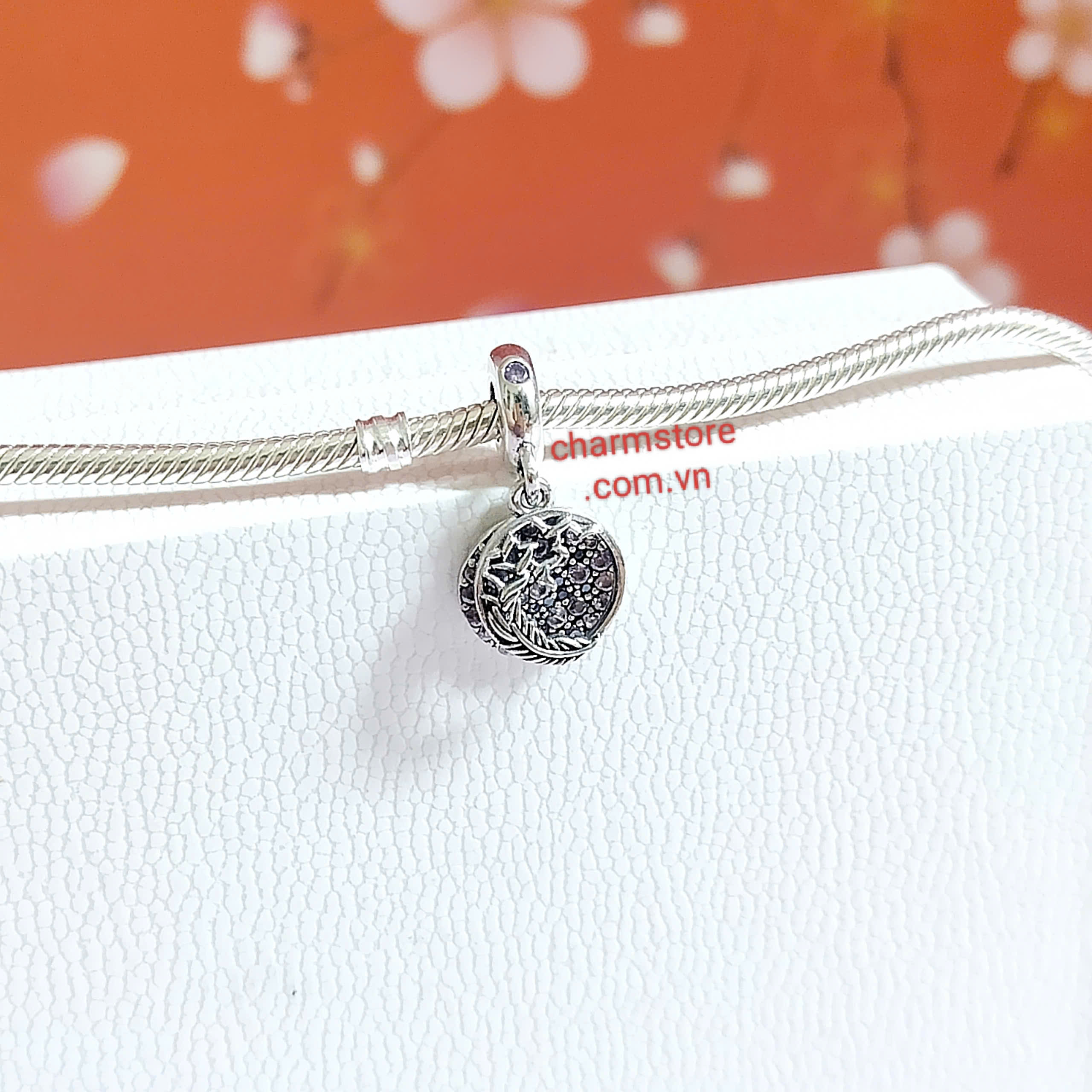 CHARM TREO ĐÔI TRÒN BÔNG LÚA ĐÁ TÍM ĐÁ HỒNG