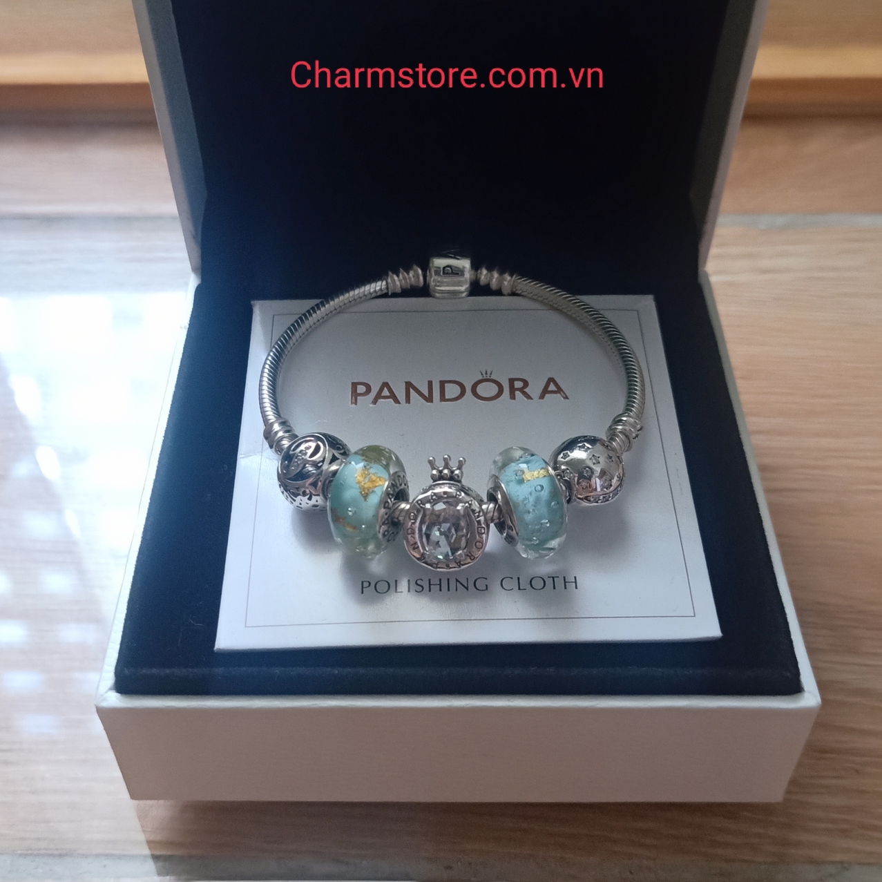 VÒNG CHARM MỆNH THỦY MIX MURANO XANH BỌT CÁT VÀNG