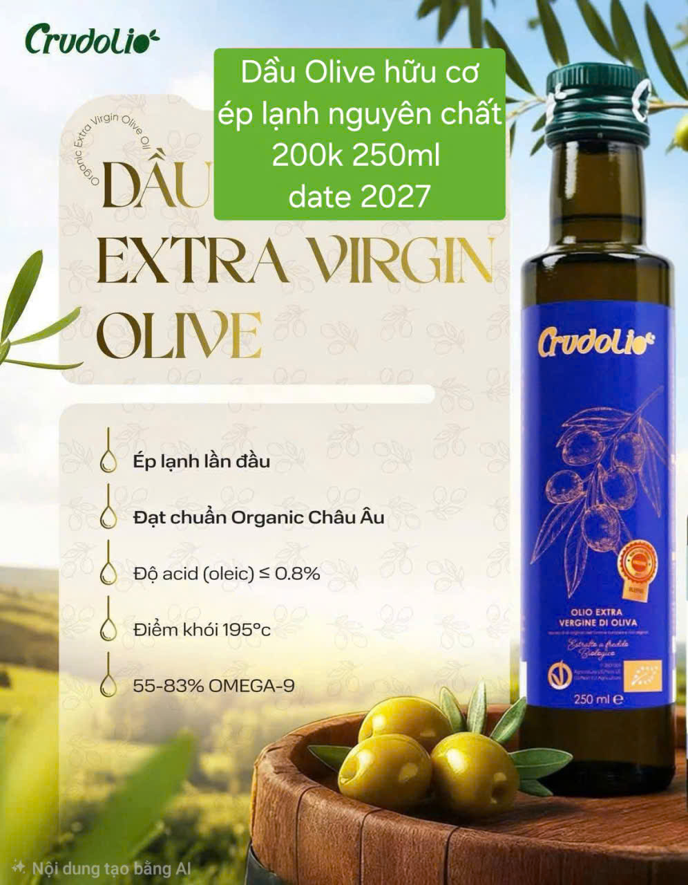Dầu olive Crudolio hữu cơ ép lạnh nguyên chất