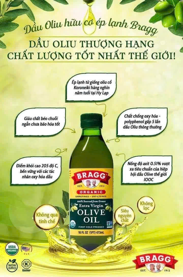 Dầu Extra Virgin Olive Bragg hữu cơ ép lạnh 473ml