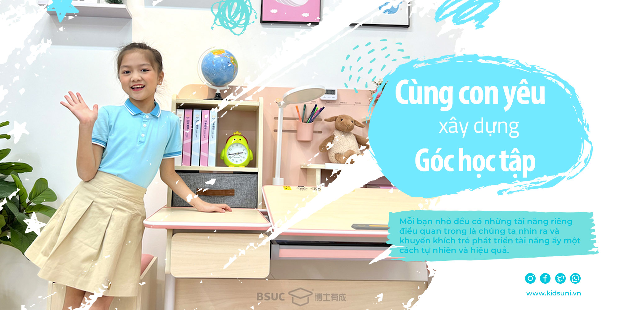 bàn học thông minh chống gù chống cận, ghế công thái học - kidsuni