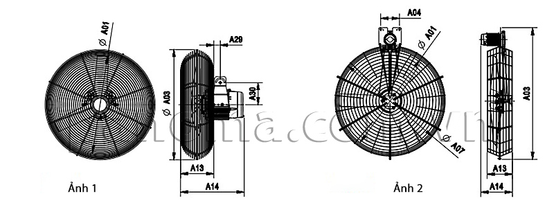 Hình ảnh ký hiệu kích thước quạt đẩy gió công nghiệp Multifan, Hà Lan&nbsp;