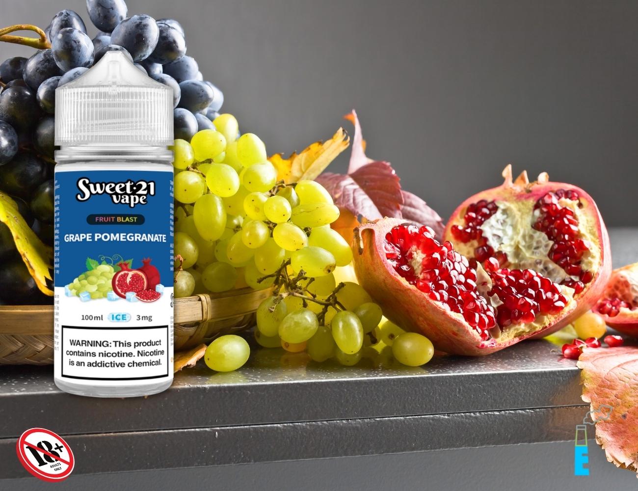 Sweet 21 Grape Pomegranate là một sự kết hợp hương vị trái cây tươi mát và siêu ngon nghẻ mà bạn nên thử. Những quả lựu mọng nước đi cùng ngọt thanh từ những trái nho tươi, cho ra một thứ nước ép siêu thơm ngon, và không thể thiếu một chút đá lạnh, tất cả là một tuyệt tác hương vị mang lại sức sống và năng lượng cho người dùng qua mỗi hơi hút. 