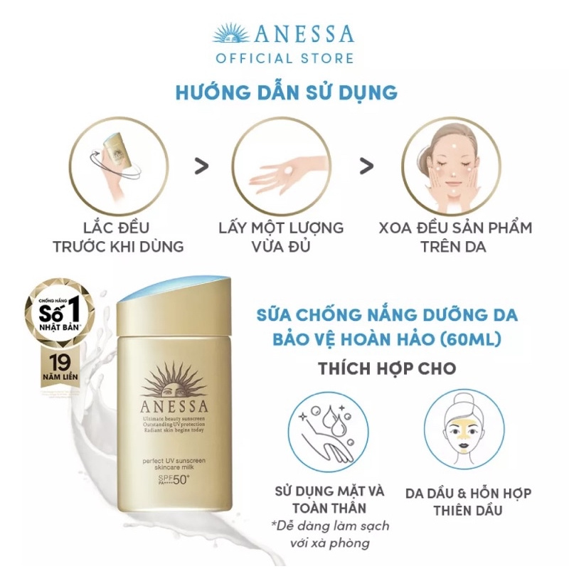 Sữa Chống Nắng Chống Trôi Anessa Perfect UV Sunscreen Skincare Milk SPF50+ PA++++ 