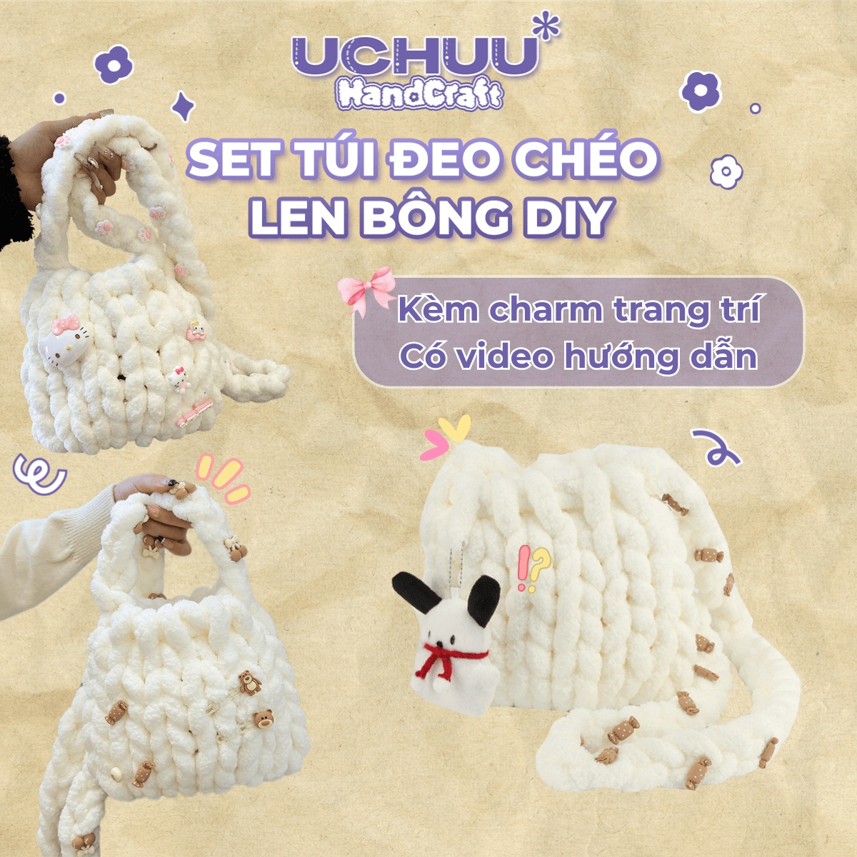 Set Túi Đeo Chéo Len Bông