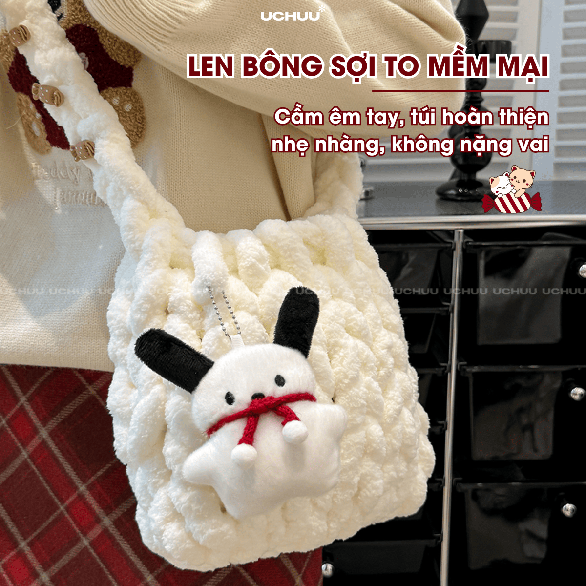 Set Túi Đeo Chéo Len Bông