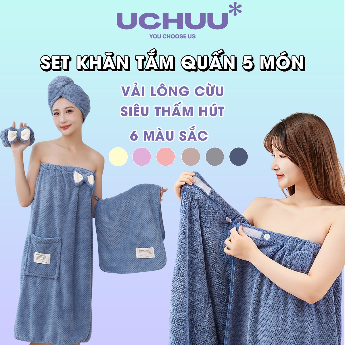 [Bộ 5 Món] Set Khăn Tắm Quấn