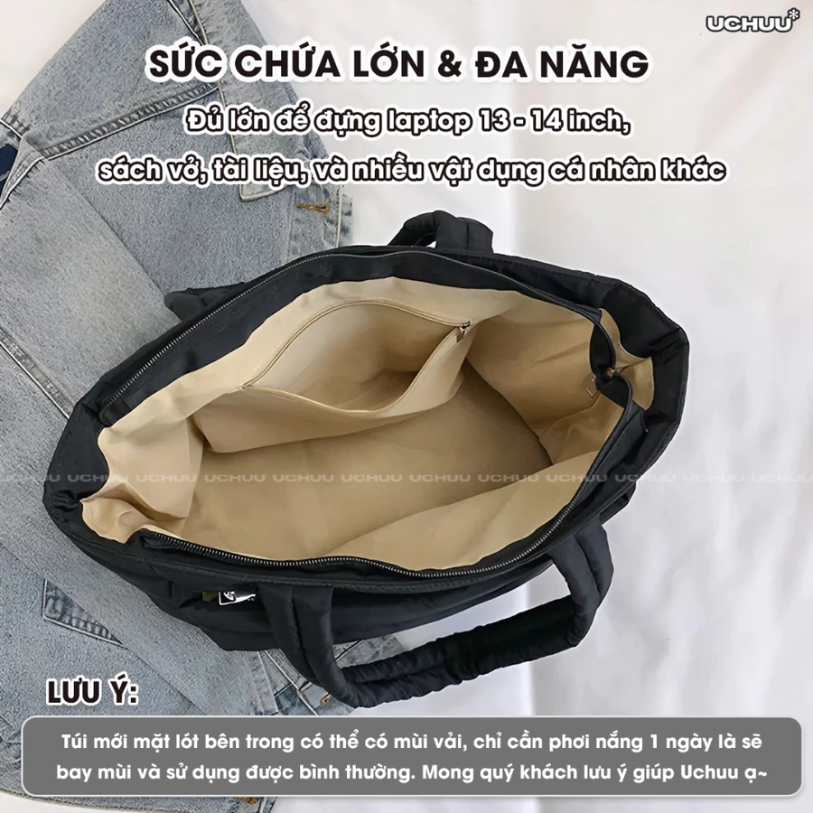 Túi Tote Phao UCHUU Chần Bông, Túi Công Sở Đeo Vai Phong Cách Hàn Quốc Đựng Laptop Đi Học, Du Lịch