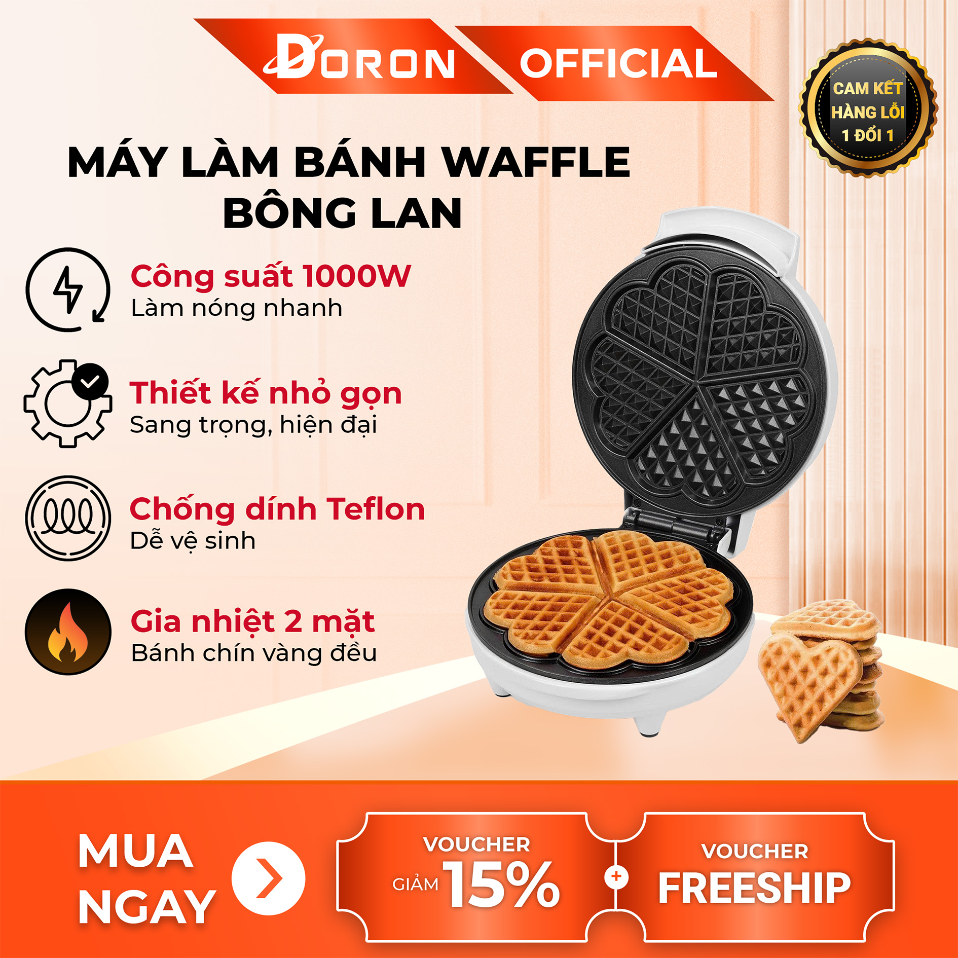 Máy làm bánh waffle đơn DORON_146 1200W nướng bánh waffle gia đình, làm nóng nhanh