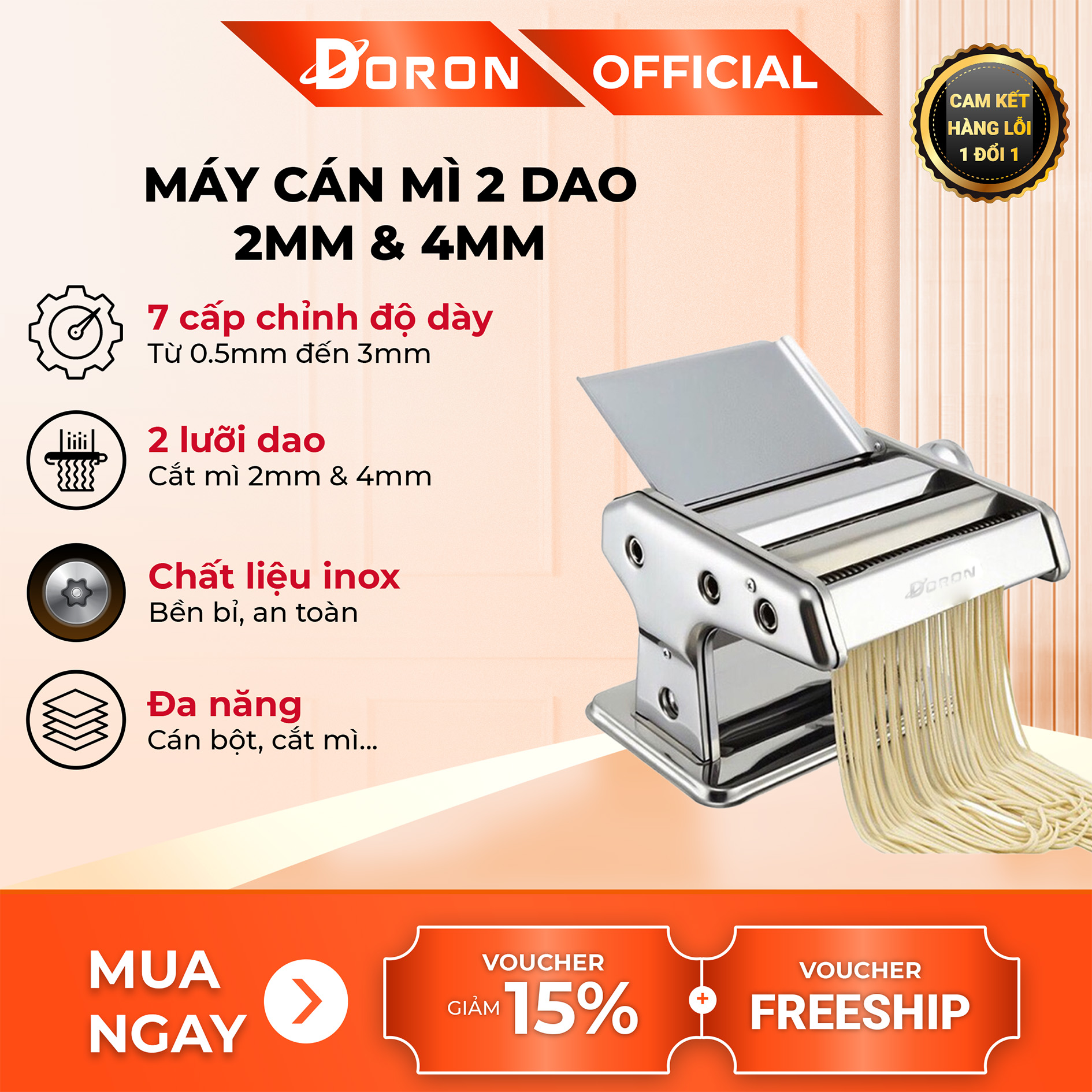 Máy cắt mì sợi DORON , máy cán mỏng bột 2 lưỡi dao có điều chỉnh dày mỏng 5 cấp độ thuận tiện