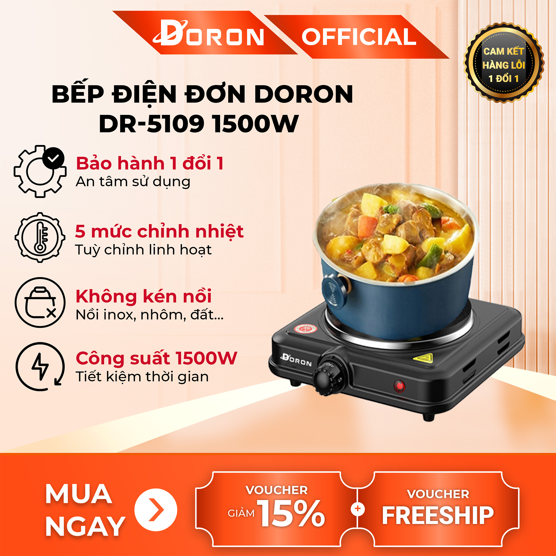 Bếp điện đơn DORON 5109 1500W chống nhiệt, an toàn cho mọi gia đình