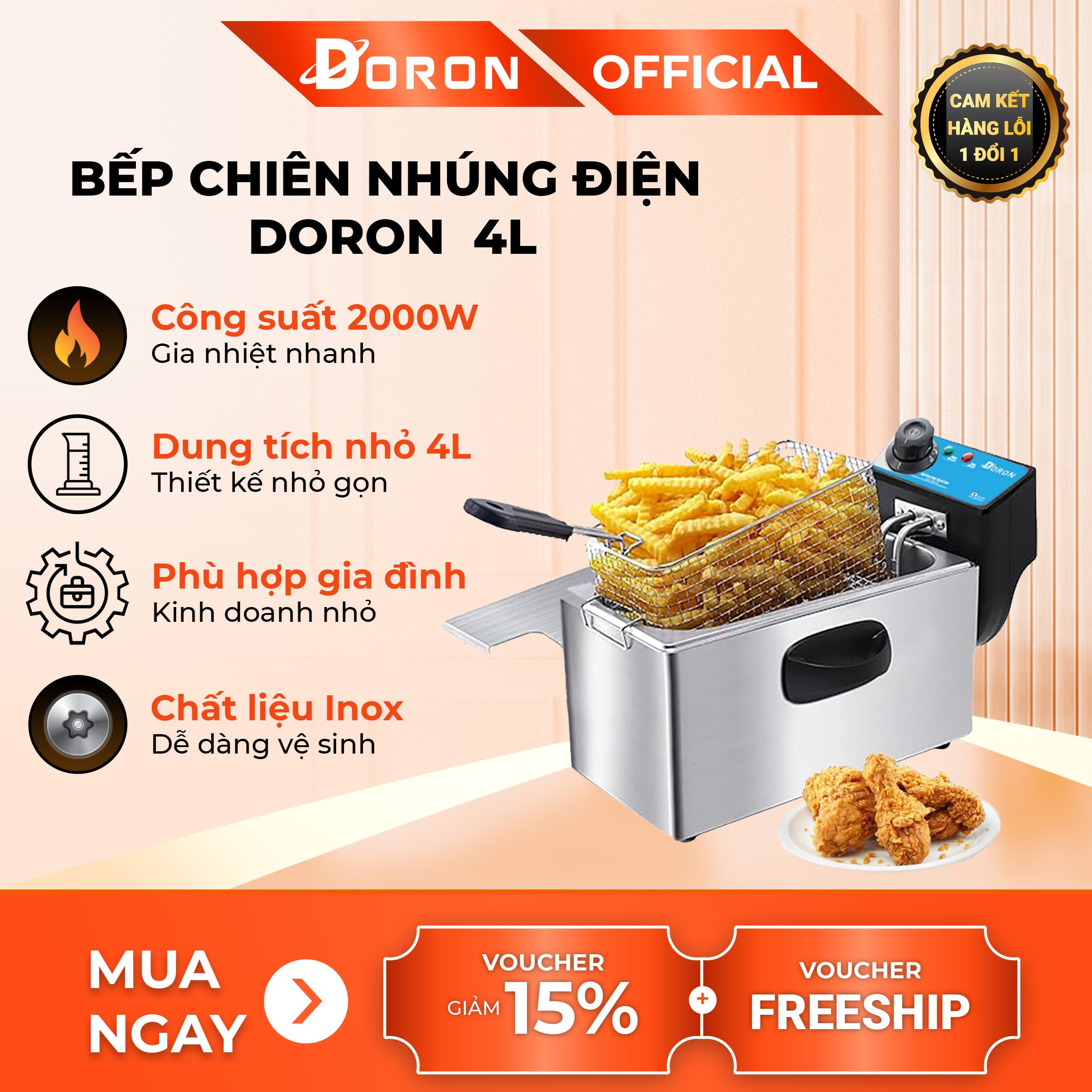 Bếp chiên nhúng điện 4L đơn DORON 2000W nhiệt độ cao, sôi cực nhanh
