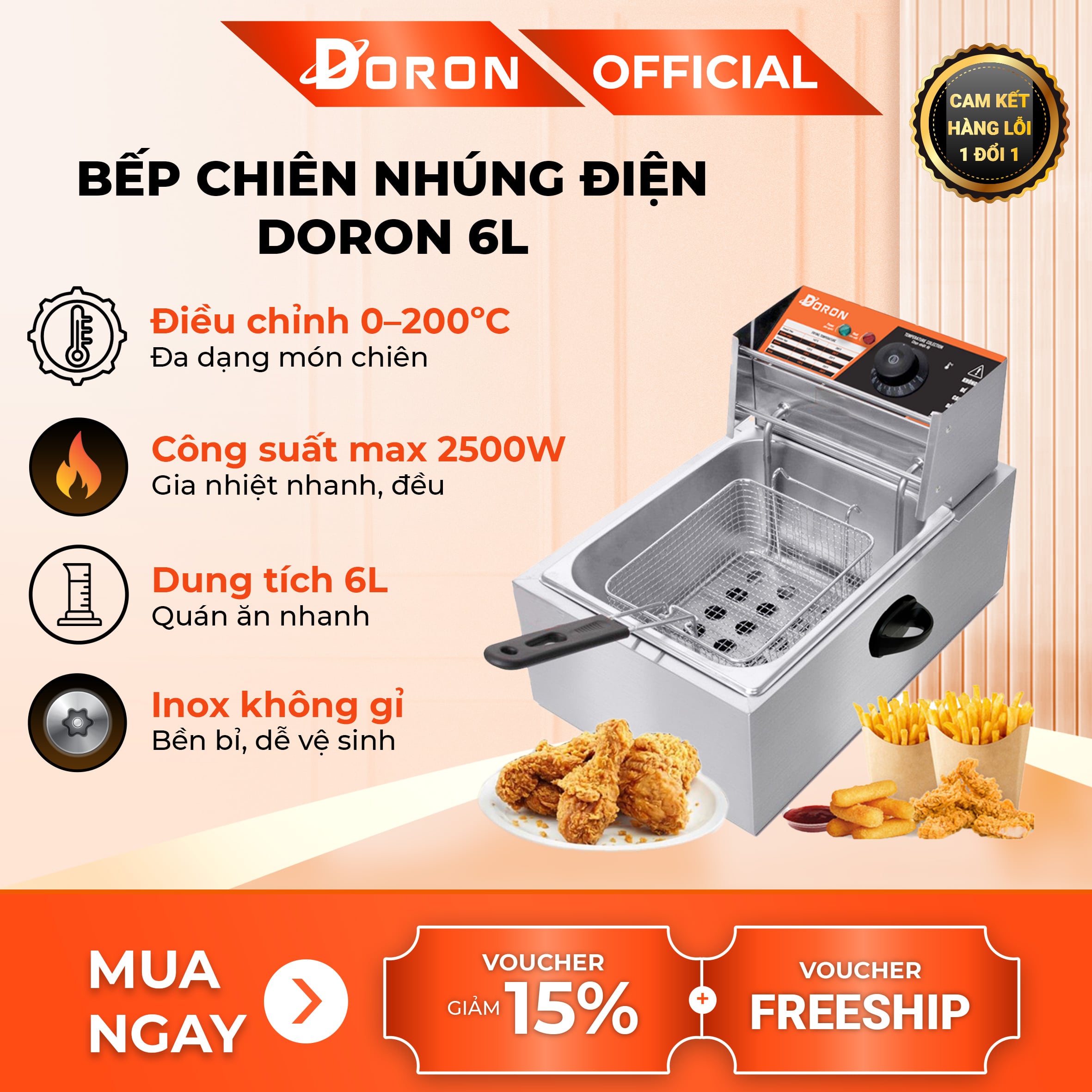 Bếp chiên nhúng điện 6L đơn DORON 2500W nhiệt độ cao, sôi cực nhanh